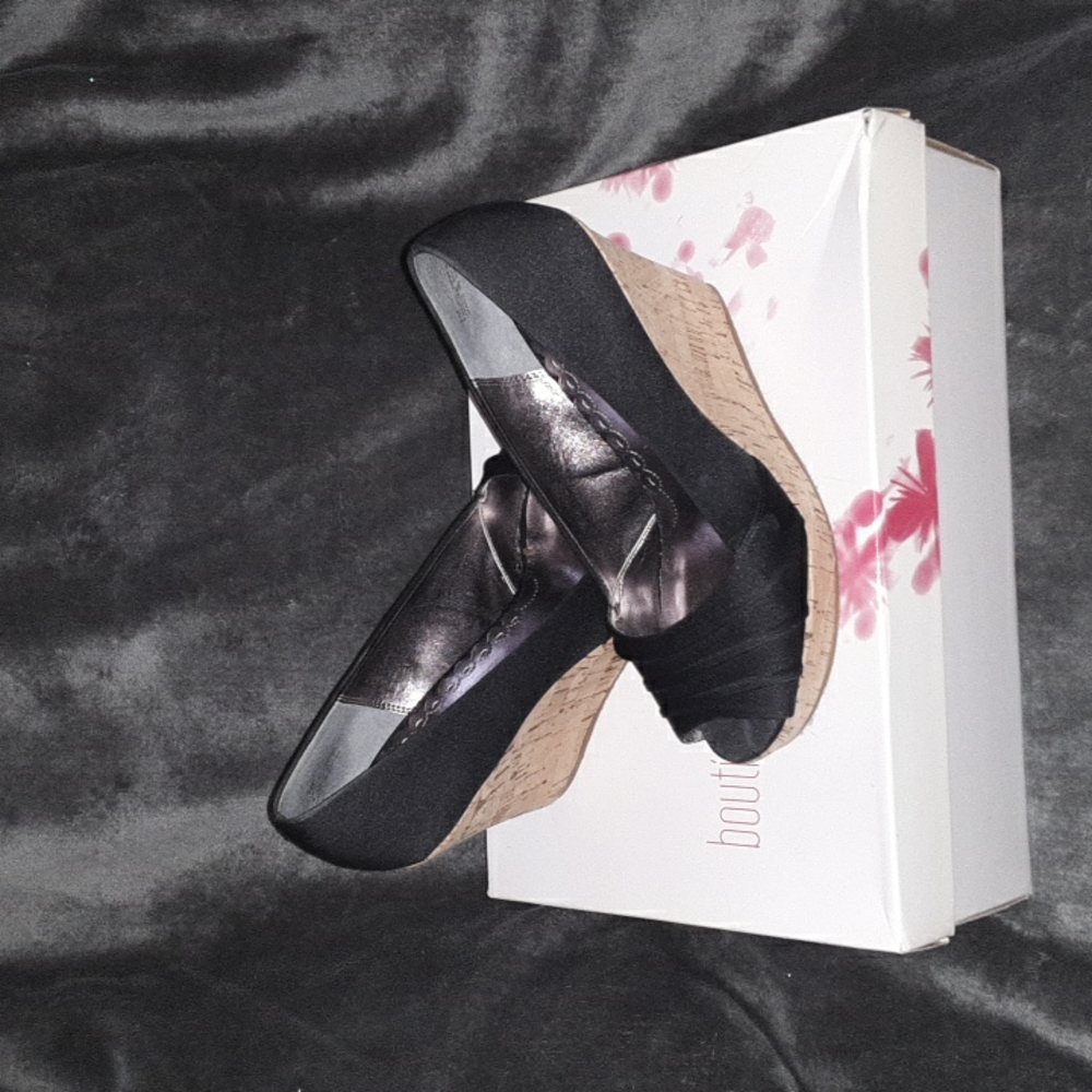 Nordstrom Boutique black fabric peep toe platform cork heels size 7M